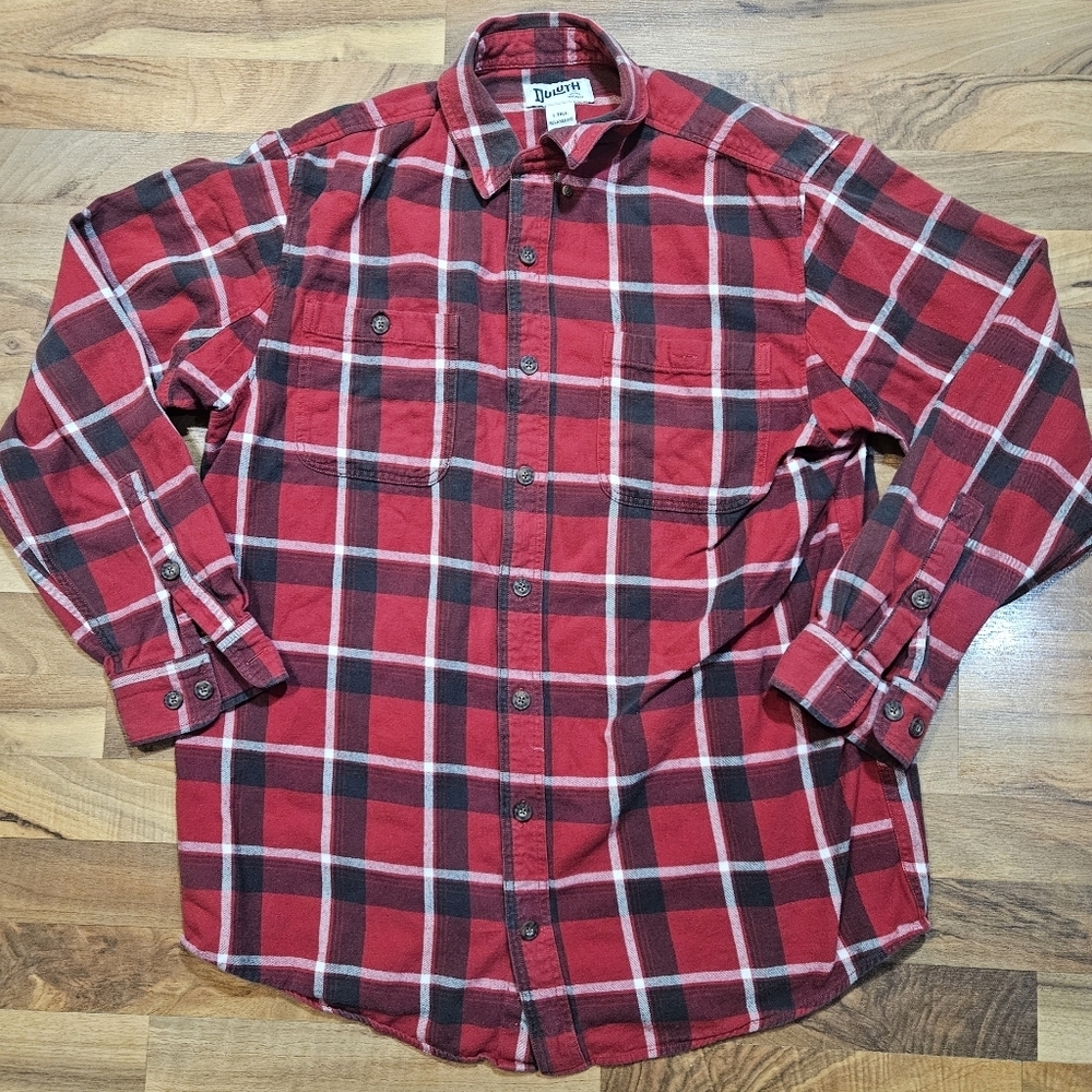 Duluth Trading Co Red Plaid Flannel Shirt L Tall Relaxed Fit